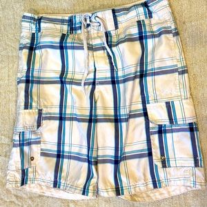 Men's merona swim trunks white/blue plaid sz medium hook and loop fly drawstring